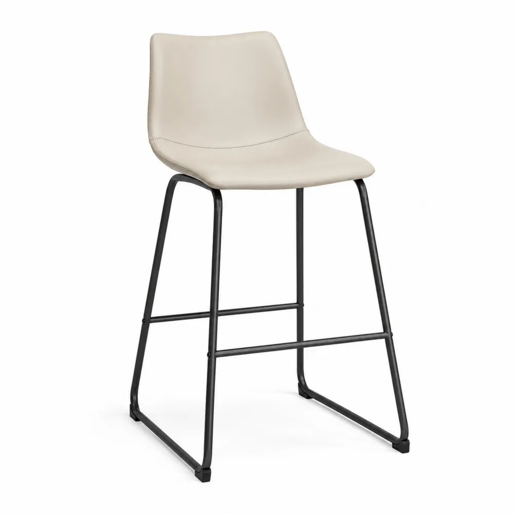 Taburete de bar con respaldo tapizado en PU beige claro estructura de acero negro forma rectangular con reposapiés 48 cm x 52 cm x 99 cm