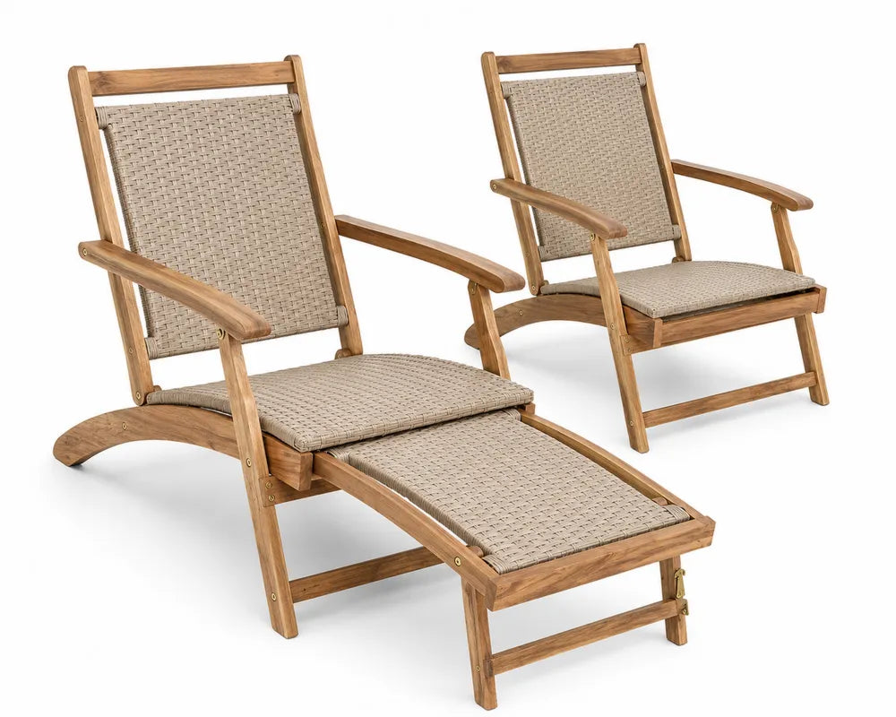 Set de 2 sillones de exterior reclinables con reposapiés de madera maciza de acacia y ratán PE natural beige 67 x 150 x 95 cm