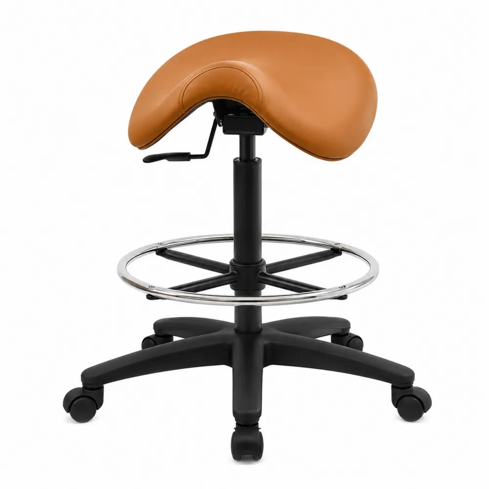 Taburete de bar regulable con ruedas asiento tipo silla de montar en PU estructura de acero negro aro reposapiés cromado color coñac 56 cm x 56 cm x 59-79 cm