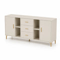Aparador de salón con 2 puertas 3 cajones y estantes abiertos MDF lacado blanco crema y dorado 160 cm x 40 cm x 76 cm