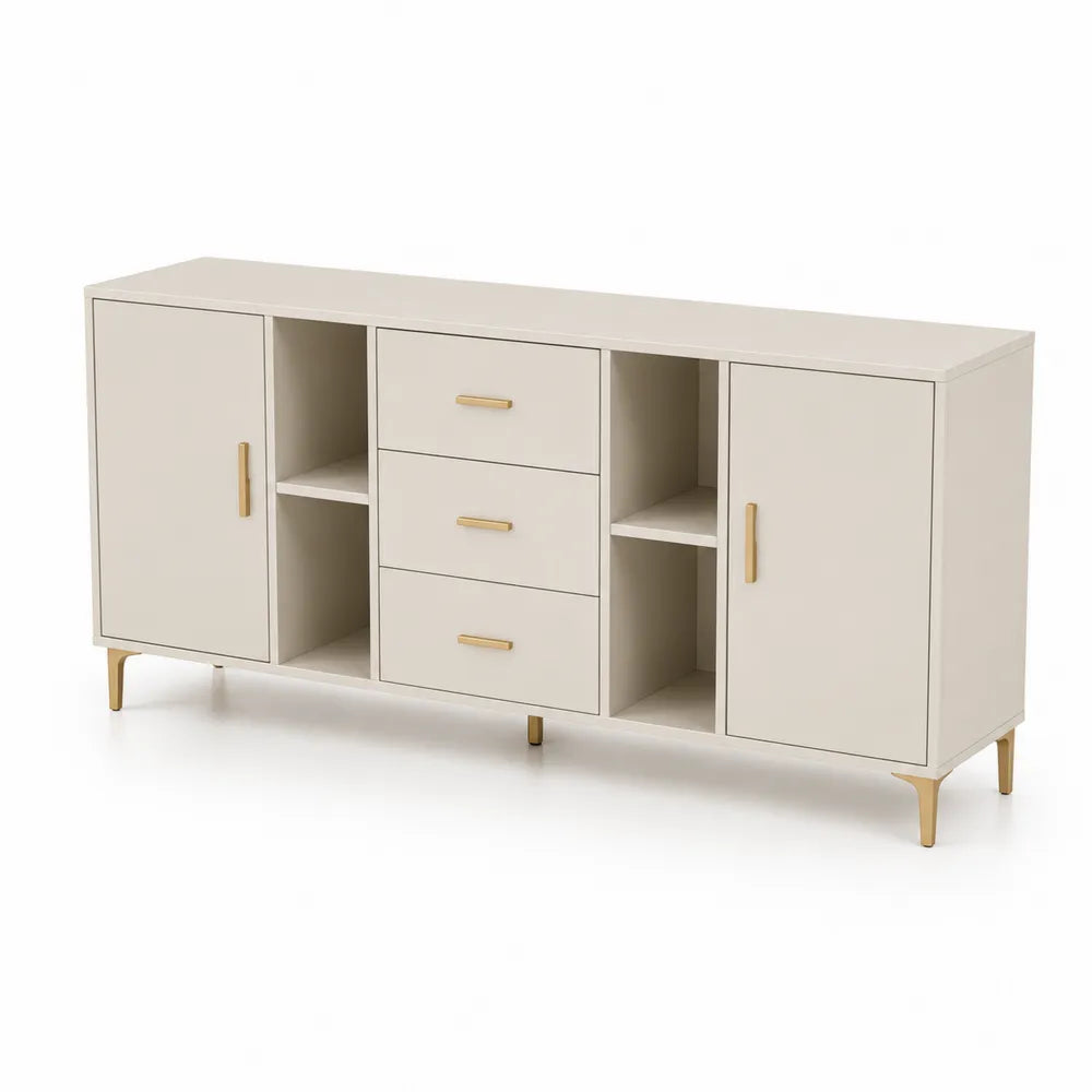 Aparador de salón con 2 puertas 3 cajones y estantes abiertos MDF lacado blanco crema y dorado 160 cm x 40 cm x 76 cm