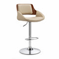 Taburete de bar regulable con respaldo y brazos tapizado en PU beige con estructura de madera contrachapada nogal y base cromada 56 cm x 54 cm x 88 a 108 cm