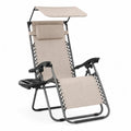 Silla reclinable de gravedad cero para exterior con toldo y bandeja portavasos 160 x 66 x 112 cm estructura de acero negro y textileno beige