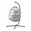 Silla colgante tipo huevo con soporte de acero 105 cm x 105 cm x 198 cm ratán PE gris claro con cojines grises estructura negra