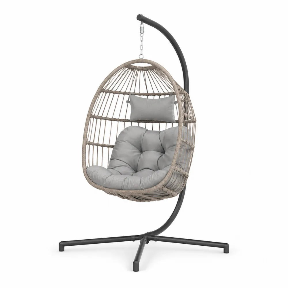 Silla colgante tipo huevo con soporte de acero 105 cm x 105 cm x 198 cm ratán PE gris claro con cojines grises estructura negra