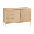 Aparador de salón con 3 cajones y puerta acanalada en madera con patas metálicas doradas 120 x 40 x 80 cm