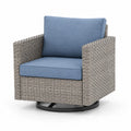 Sillón giratorio de exterior de ratán PE con cojines azules y base de acero negro 80 x 80 x 90 cm