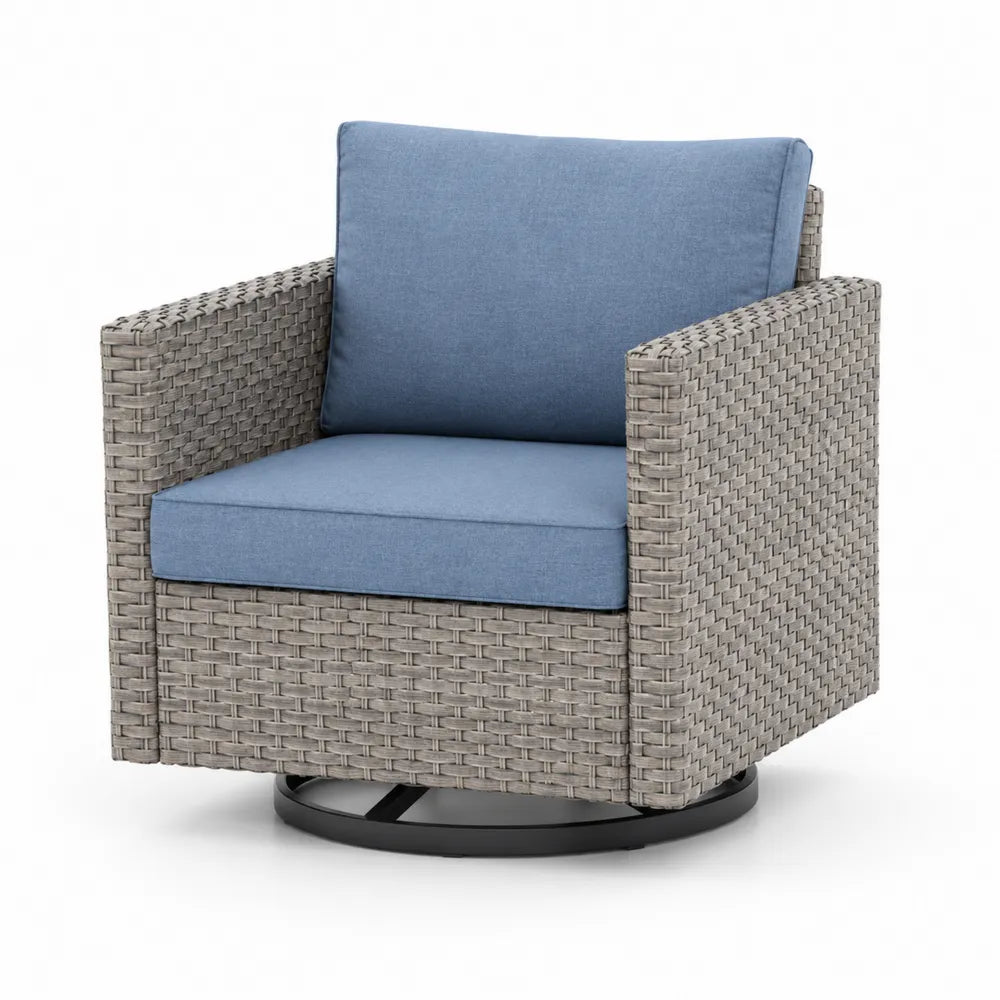 Sillón giratorio de exterior de ratán PE con cojines azules y base de acero negro 80 x 80 x 90 cm