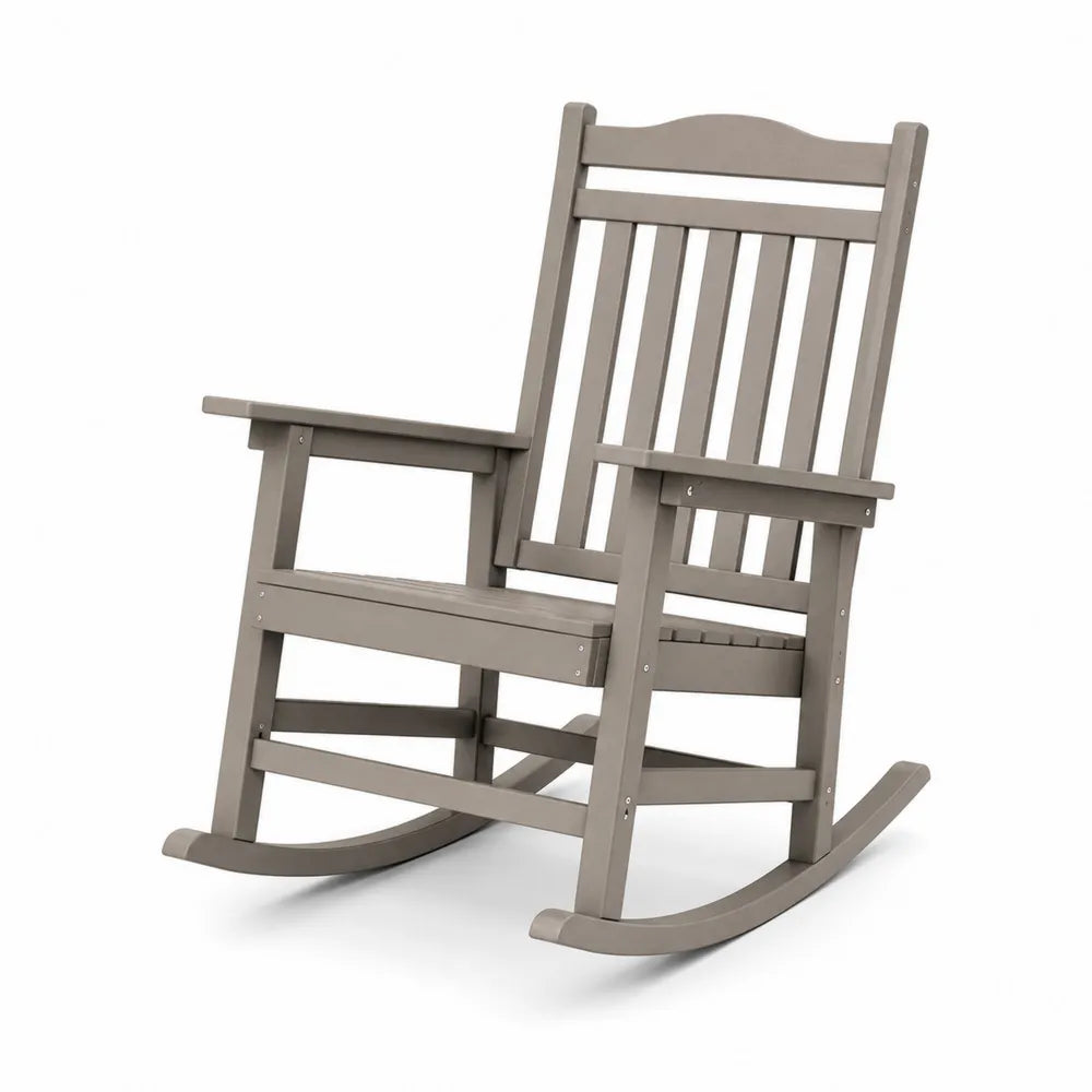 Silla mecedora de exterior de HDPE taupe grisáceo 73 cm x 92 cm x 104 cm con respaldo de lamas