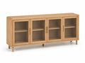 Armario de almacenamiento de salón con 4 puertas de vidrio efecto madera roble estructura rectangular 160 cm x 40 cm x 75 cm
