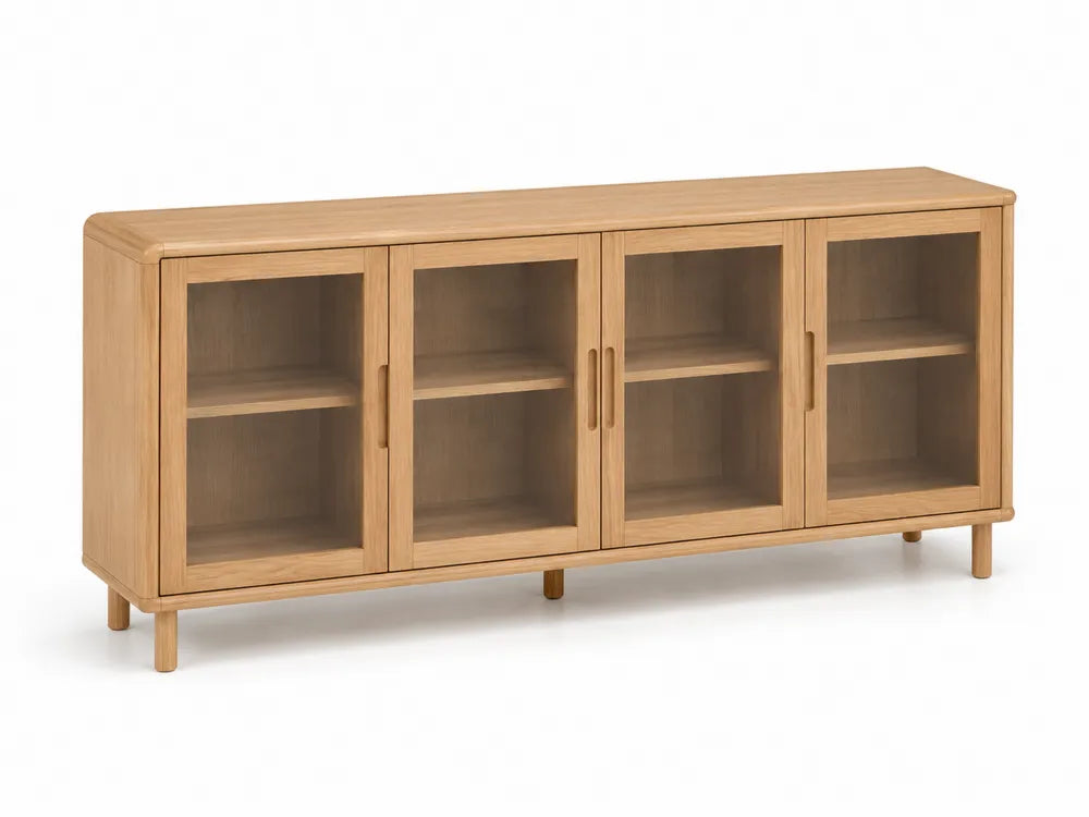 Armario de almacenamiento de salón con 4 puertas de vidrio efecto madera roble estructura rectangular 160 cm x 40 cm x 75 cm