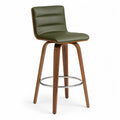 Taburete de bar fijo con respaldo tapizado en PU verde oliva patas de madera contrachapada nogal reposapiés cromado 45 cm x 52 cm x 103 cm