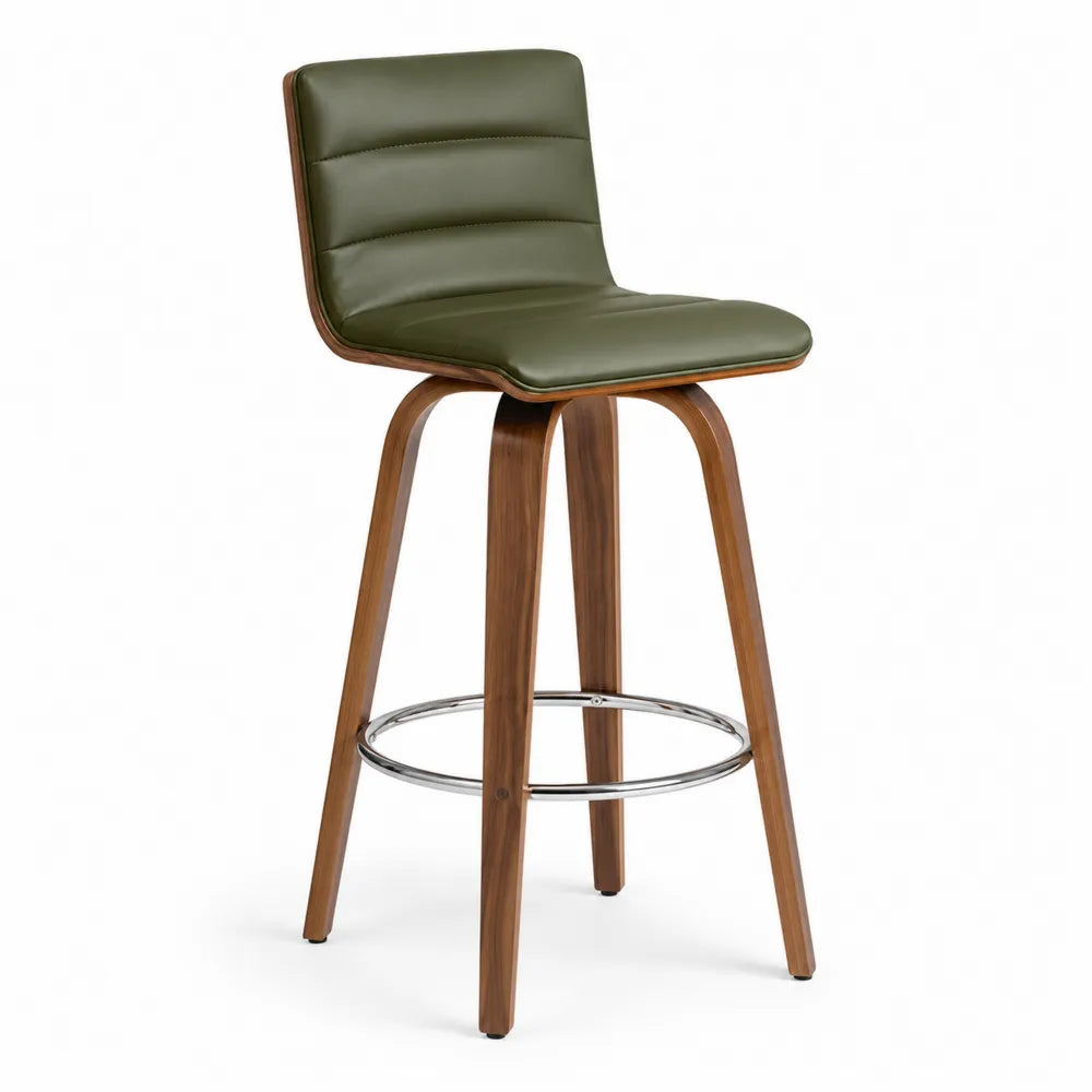 Taburete de bar fijo con respaldo tapizado en PU verde oliva patas de madera contrachapada nogal reposapiés cromado 45 cm x 52 cm x 103 cm