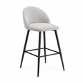 Taburete de bar fijo con respaldo tapizado en tejido bouclé patas de acero negro estructura rectangular asiento acolchado gris claro 48 cm x 52 cm x 101 cm