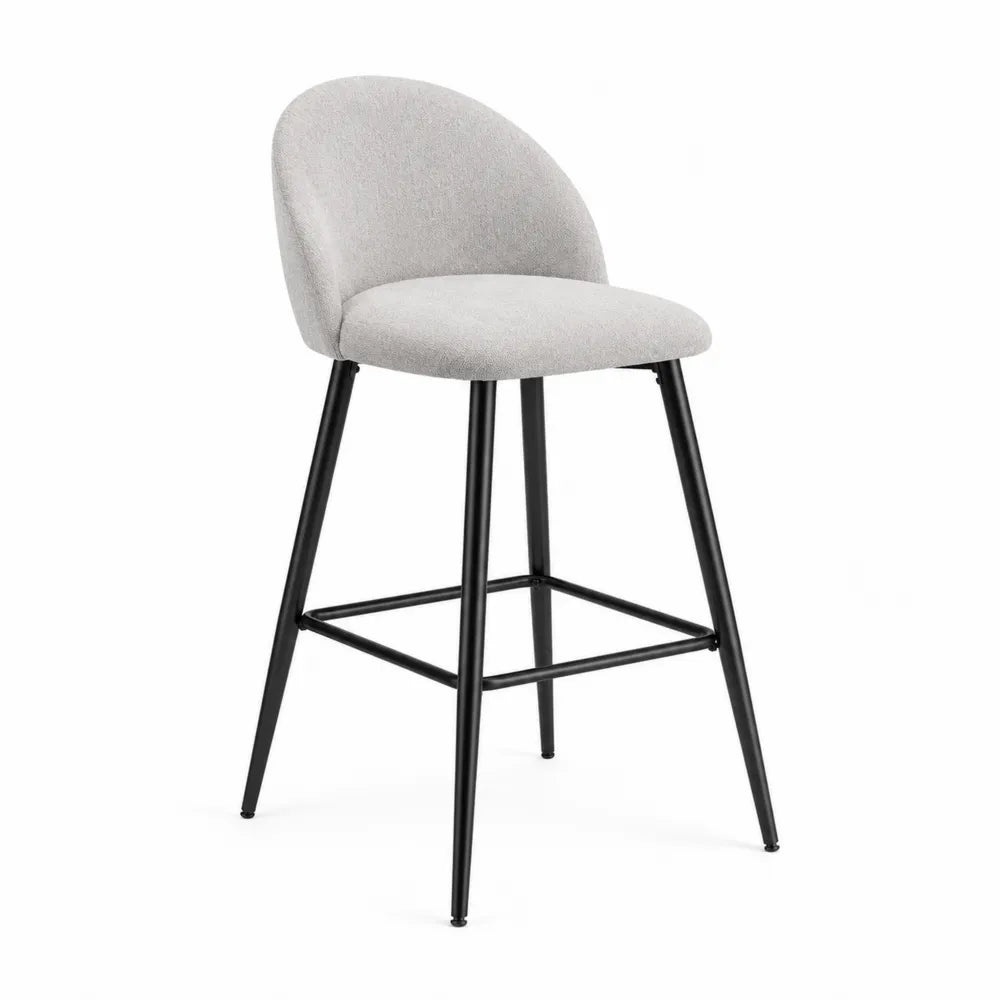 Taburete de bar fijo con respaldo tapizado en tejido bouclé patas de acero negro estructura rectangular asiento acolchado gris claro 48 cm x 52 cm x 101 cm