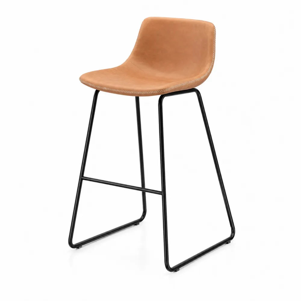 Taburete de bar con respaldo tapizado en microfibra de poliéster camel estructura de acero negro asiento curvo 48 cm x 50 cm x 98 cm