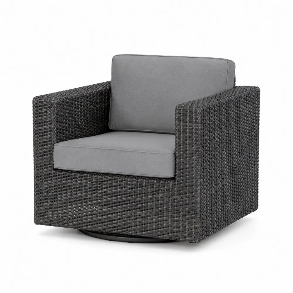 Sillón giratorio de exterior 86 cm x 86 cm x 88 cm ratán PE gris oscuro cojín gris base giratoria acero negro