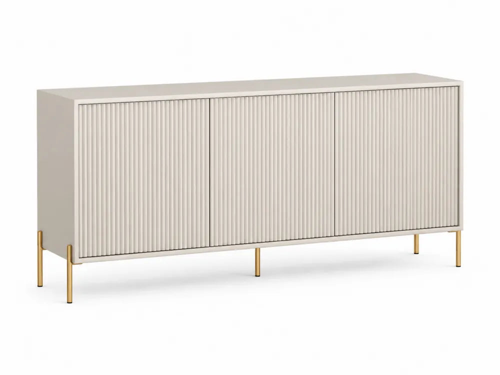 Aparador de salón con puertas acanaladas MDF lacado beige con patas de acero dorado 160 cm x 40 cm x 75 cm