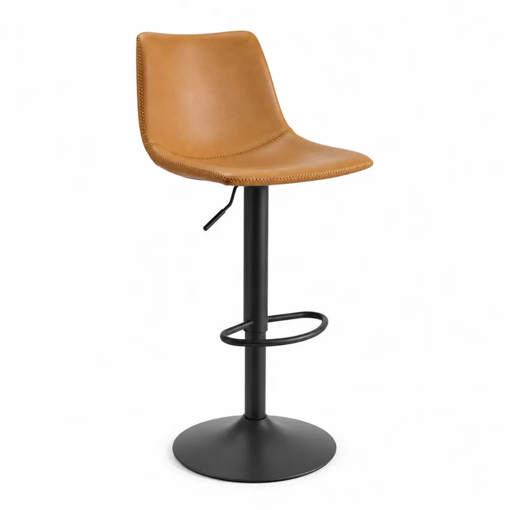 Taburete de bar regulable giratorio con respaldo asiento tapizado en PU estructura de acero negro coñac 48 cm x 52 cm x 88 a 109 cm