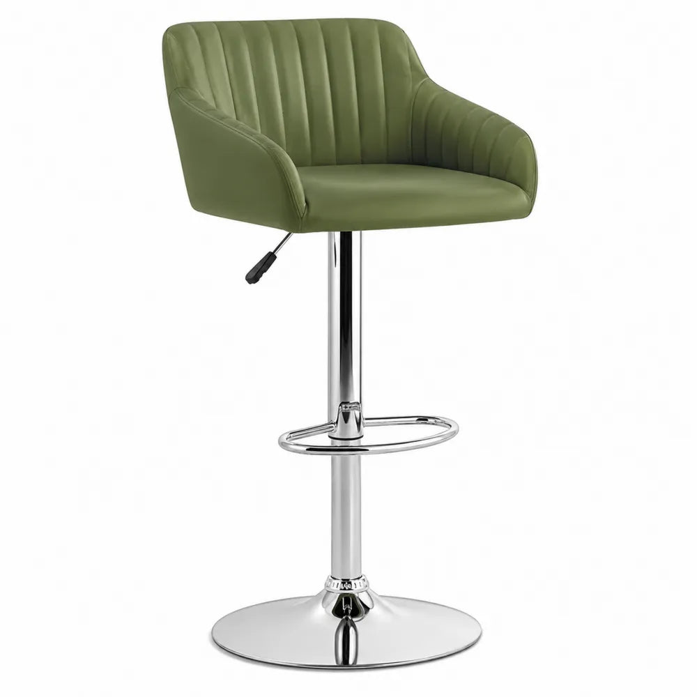 Taburete de bar regulable con respaldo y brazos tapizado en PU verde oliva base cromada con reposapiés 55 cm x 55 cm x 90-110 cm