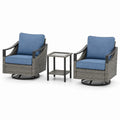 Conjunto de jardín 3 piezas con 2 sillones giratorios 78 x 78 x 88 cm acero negro ratán PE gris cojines azules mesa cuadrada 45 x 45 x 50 cm con vidrio templado