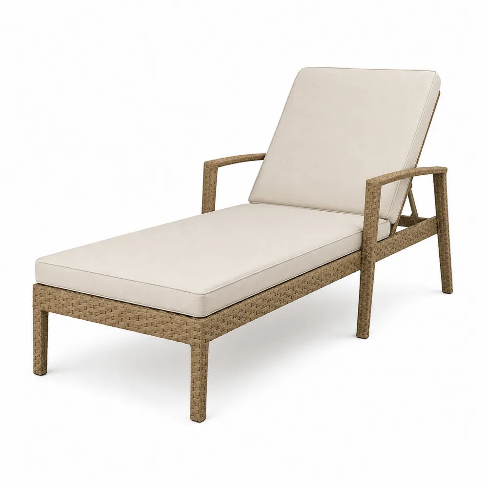 Tumbona de exterior reclinable de ratán PE beige 200 x 70 x 85 cm con cojín crema