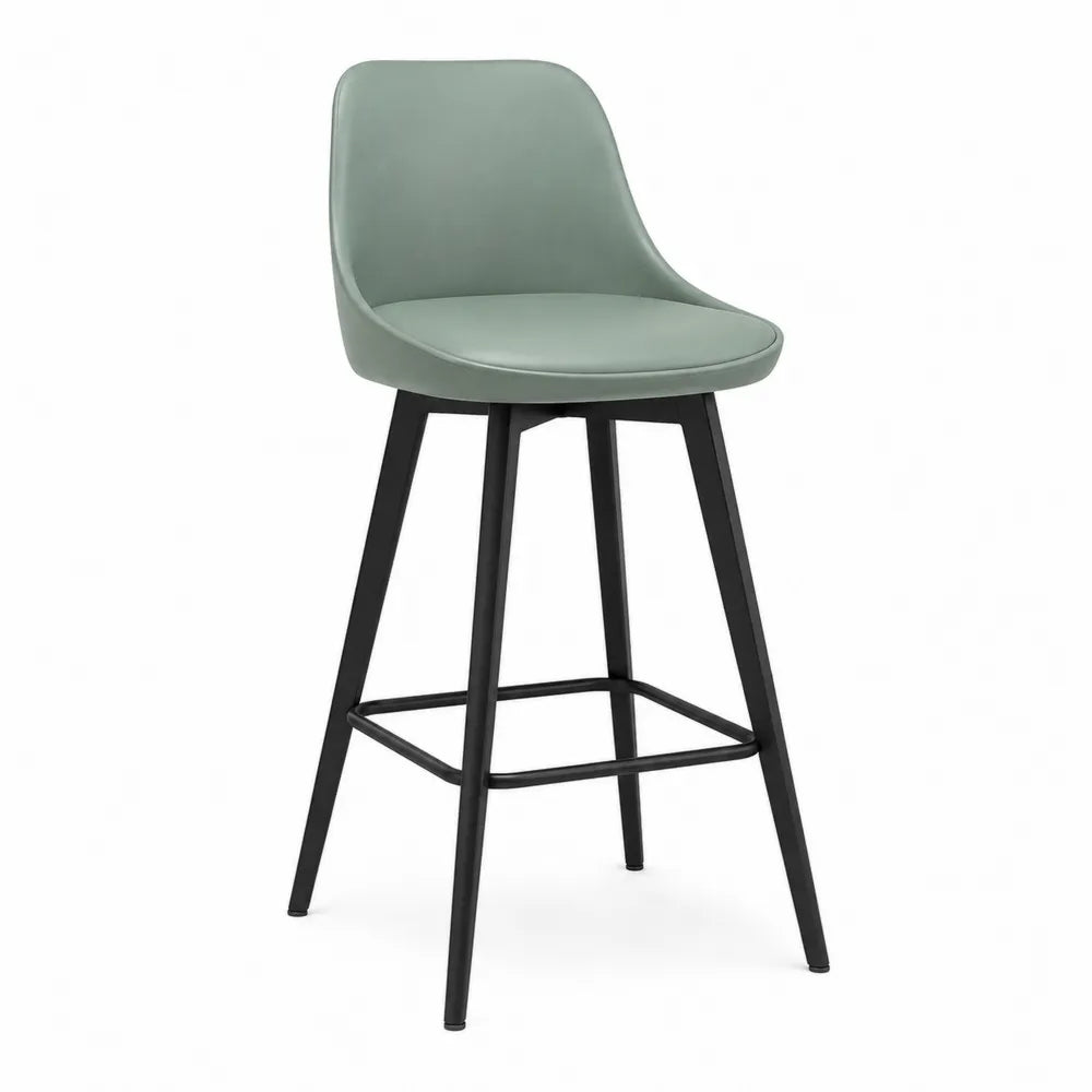 Taburete de bar fijo con respaldo tapizado en PU verde salvia estructura de acero negro con reposapiés 47 cm x 52 cm x 96 cm