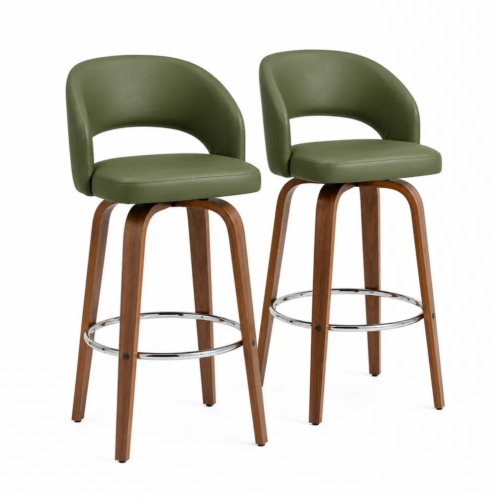 Pack de 2 taburetes de bar fijos con respaldo asiento tapizado en PU verde oliva estructura de madera nogal con aro reposapiés cromado 50 cm x 52 cm x 96 cm