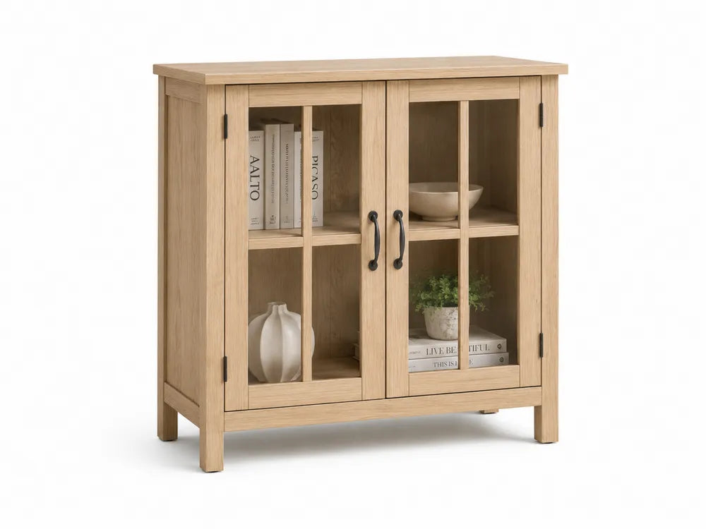 Armario de almacenamiento de madera con 2 puertas de vidrio y baldas interiores en acabado madera natural