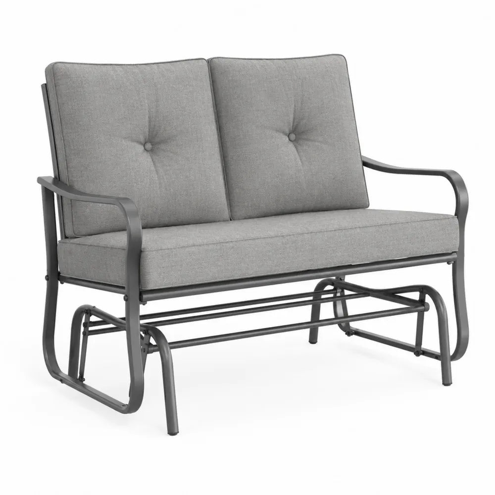 Banco balancín de jardín 2 plazas 125 cm x 78 cm x 88 cm acero gris oscuro con cojines grises estilo mecedora exterior