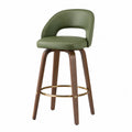 Pack de 2 taburetes de bar fijos con respaldo abierto asiento tapizado en PU verde oliva estructura de madera nogal y aro reposapiés cromado 54 cm x 55 cm x 96 cm