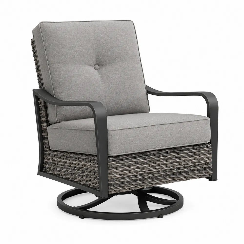 Sillón giratorio de exterior individual 76 x 85 x 92 cm acero negro ratán PE gris con cojines grises base giratoria