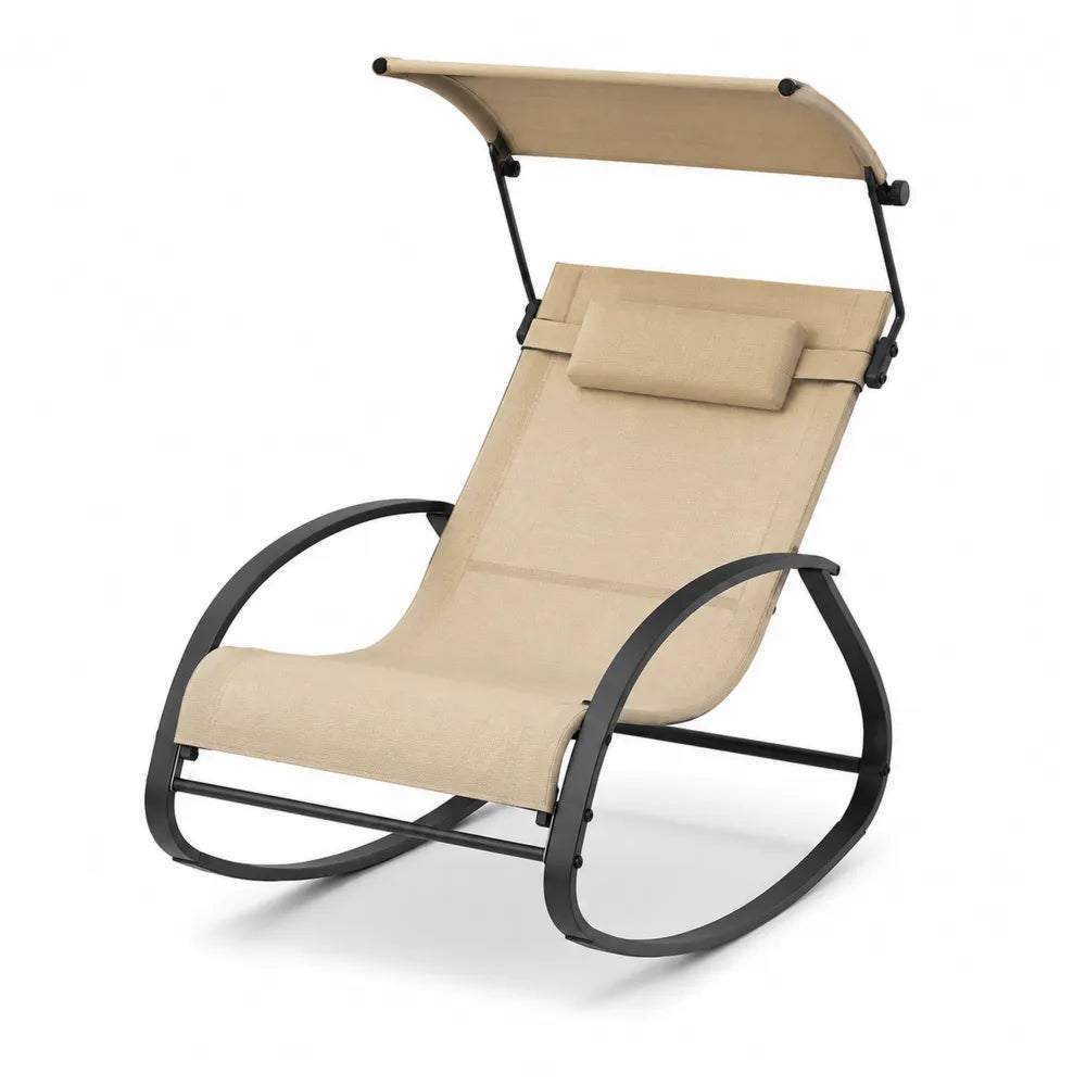 Silla mecedora de jardín con toldo 1 plaza 160 cm x 70 cm x 150 cm acero negro tela poliéster beige con cojín